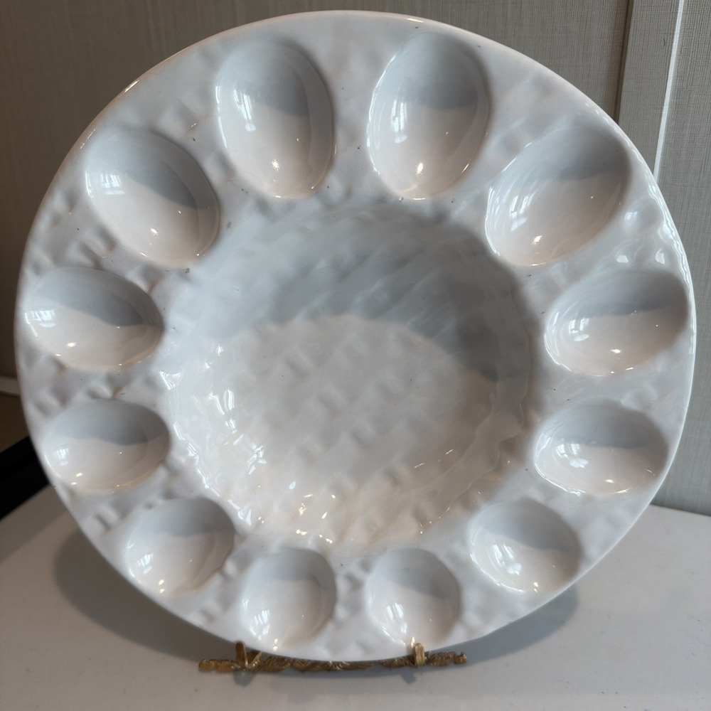 Vtg CALIF USA 295 California Pottery Textured White Deviled Egg Dish 10"